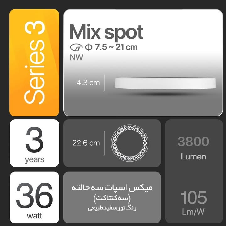 چراغ سقفی توکار میکس اسپات ای دی سی۳۶ وات