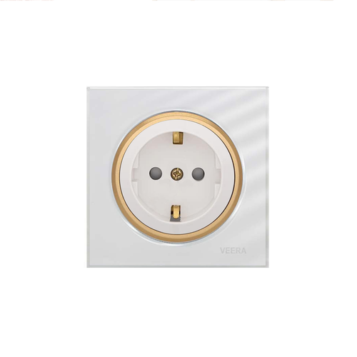 پریز برق محافظ دار ارت دار با پشتی سرامیکی آلفا زه طلایی، جنس گلس، طرح اسپرت (رنگ سفید)